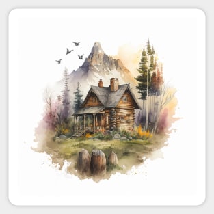 Mountain Log Cabin Ornament Sticker